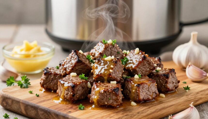High Protein Slow Cooker Garlic Butter Beef Bites