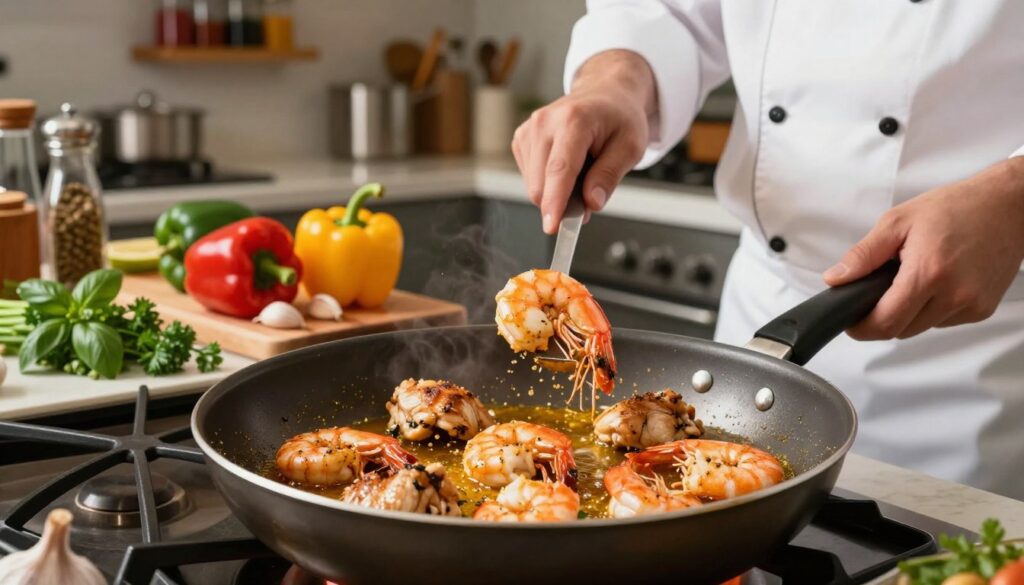 cooking chicken and shrimp