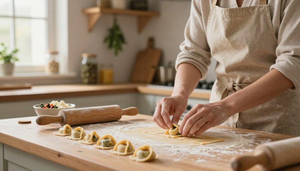 homemade tortellini shaping
